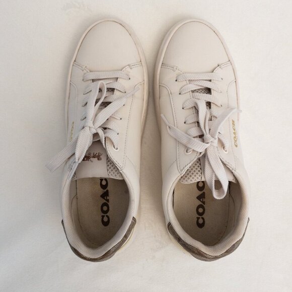 Coach White Leather Sneakers Size 7.5B Signature Logo Heel Low-Top Shoes - Picture 4 of 5